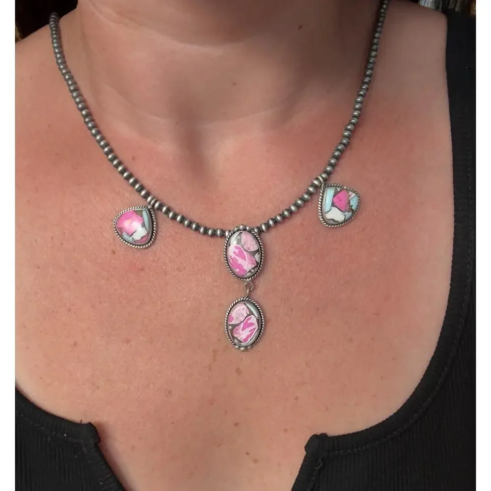 Native American 4mm Navajo Pearl Sterling Silver Cotton Candy Turquoise Necklace